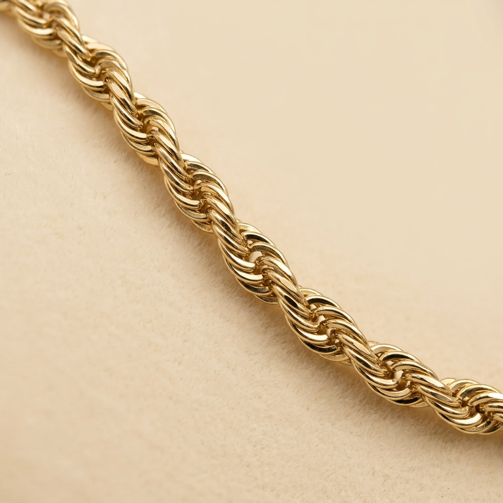 Close-up of polished yellow gold rope links on G349 necklace