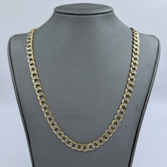 14K yellow gold diamond-cut curb chain displayed on a charcoal bust