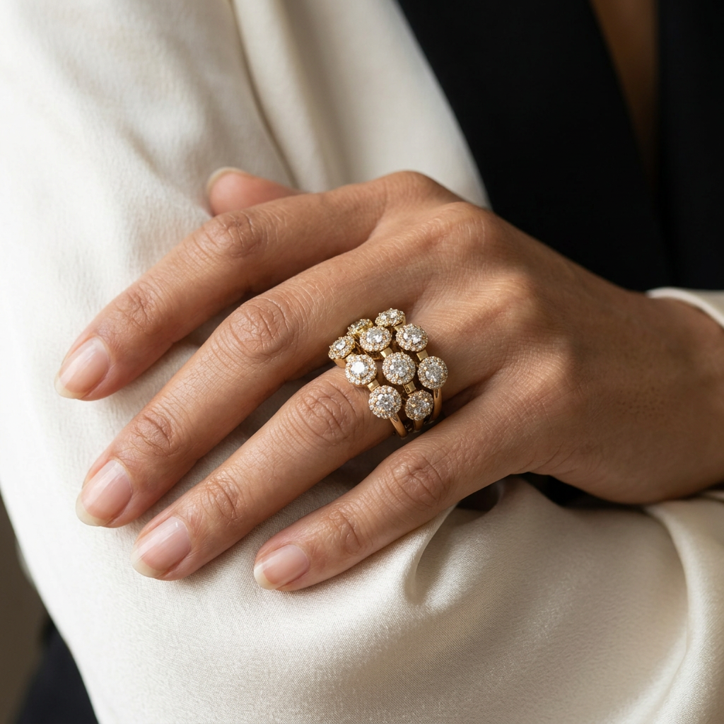 14K yellow gold Diamonds in Motion statement ring worn on a hand