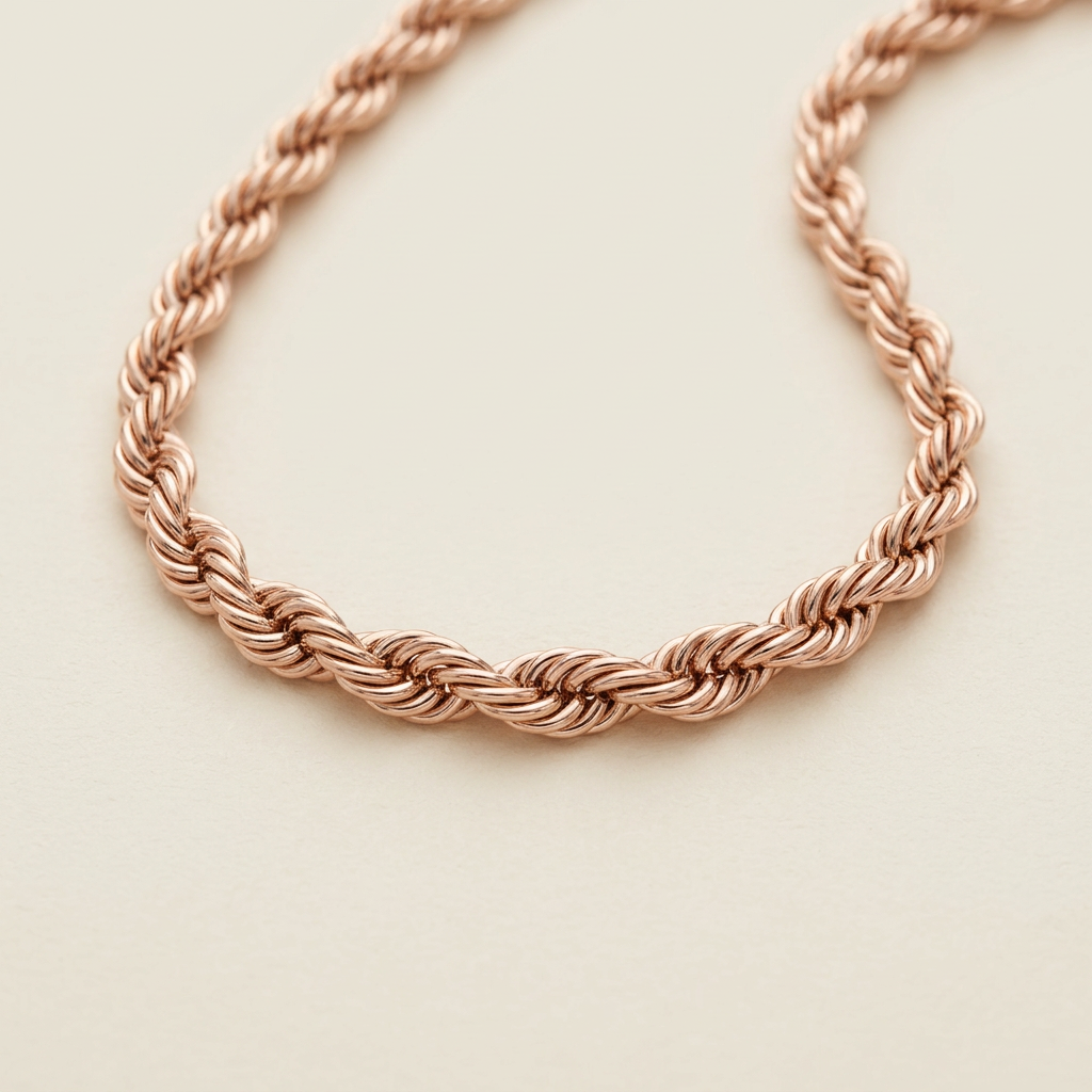 Close-up of intertwined links on a 14K rose gold rope chain