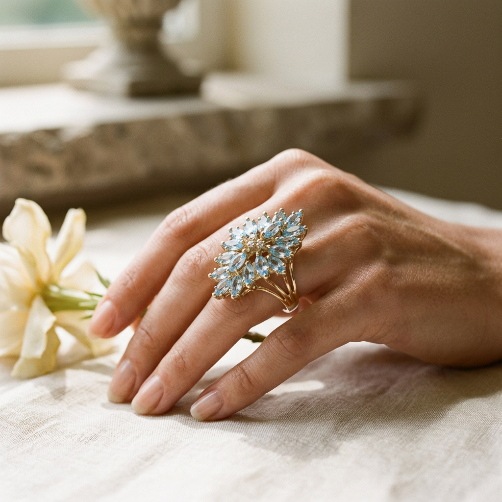 Lifestyle view of the aquamarine and diamond cluster ring worn on a hand