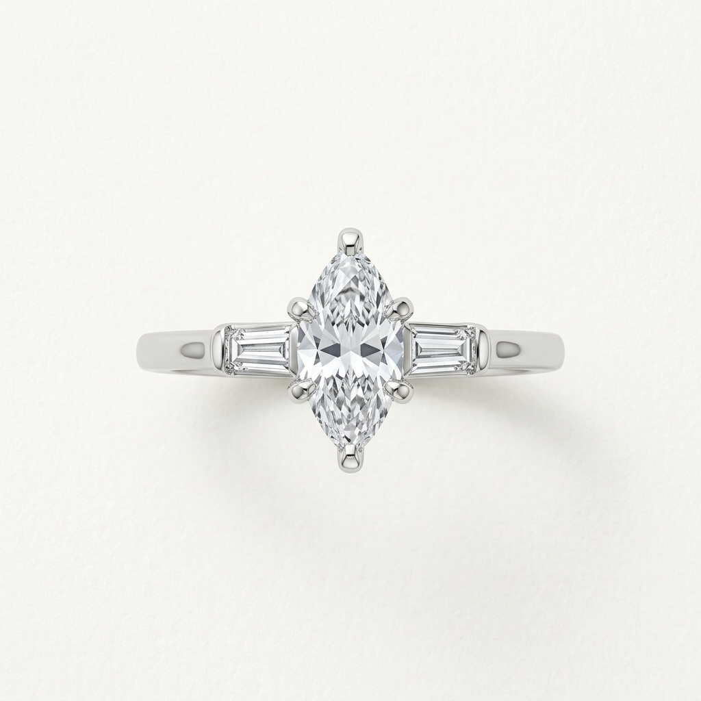 G385 marquise center diamond and baguette accents, front view