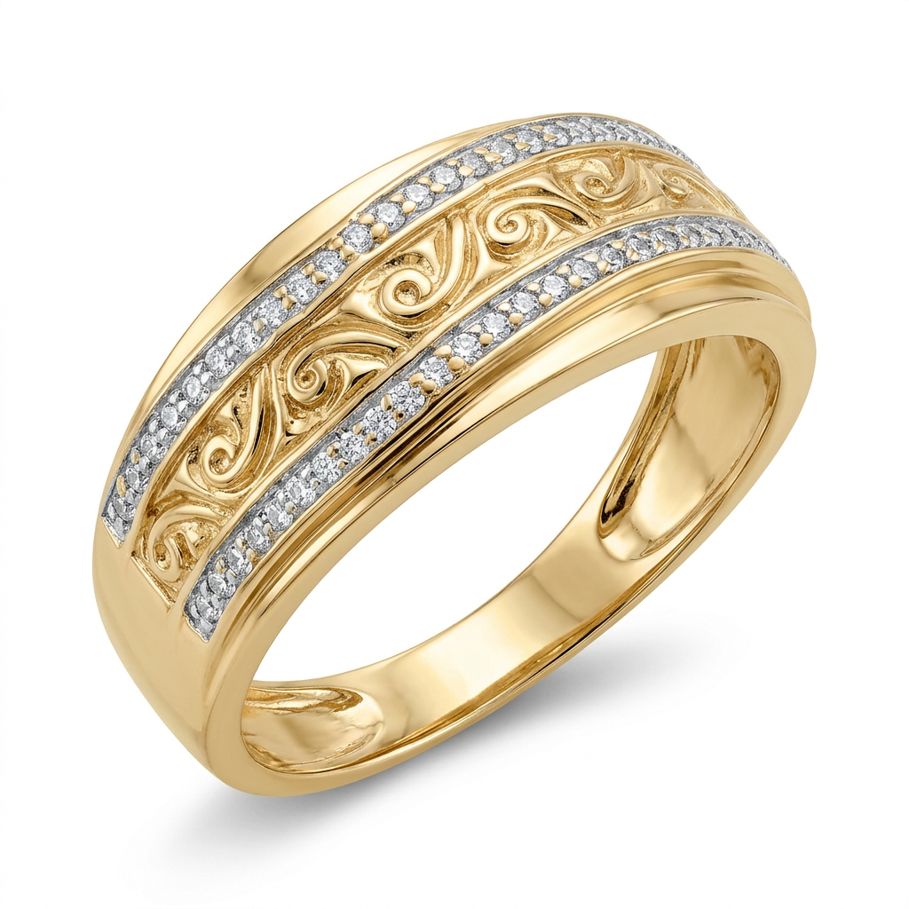 10K yellow gold scrollwork CZ ring in three-quarter view on white