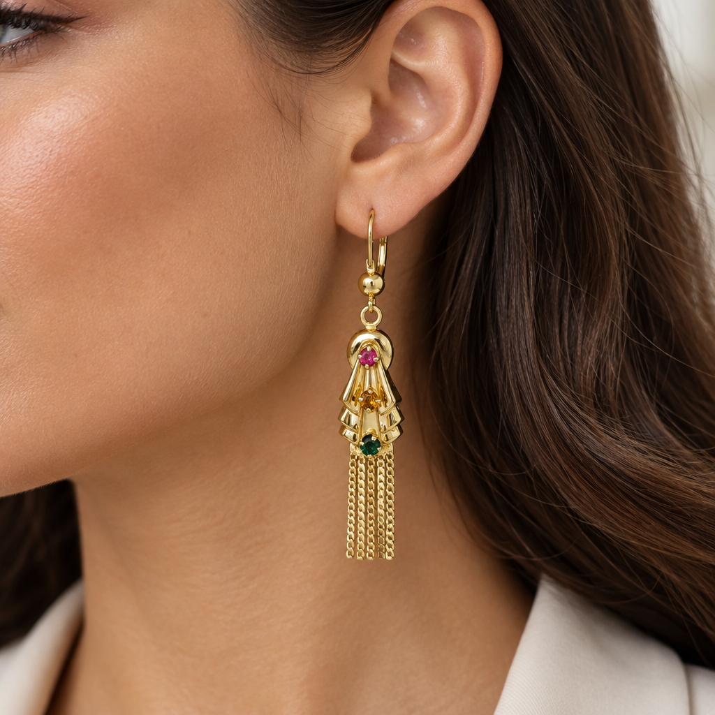 Lifestyle view of yellow gold chandelier earring worn