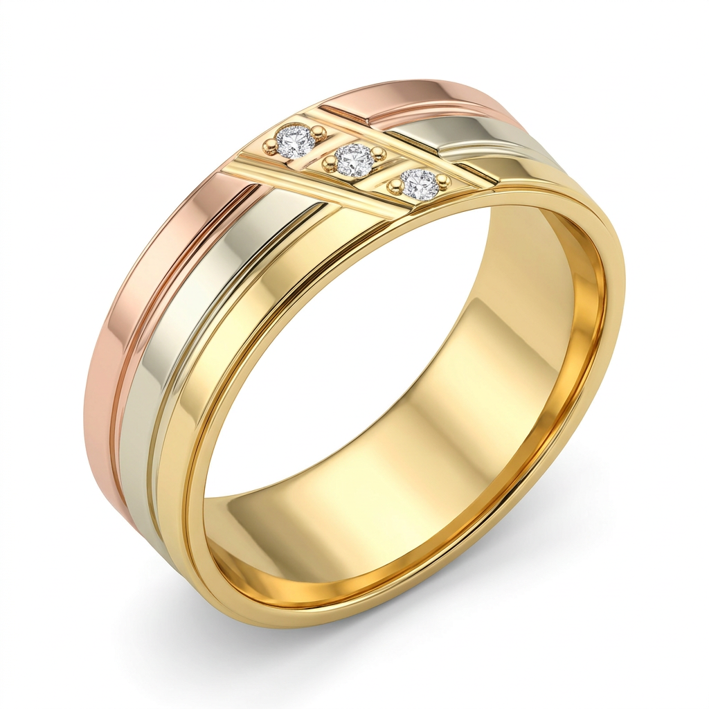 G146 10K tricolor gold CZ band, size 8, three-quarter view on white