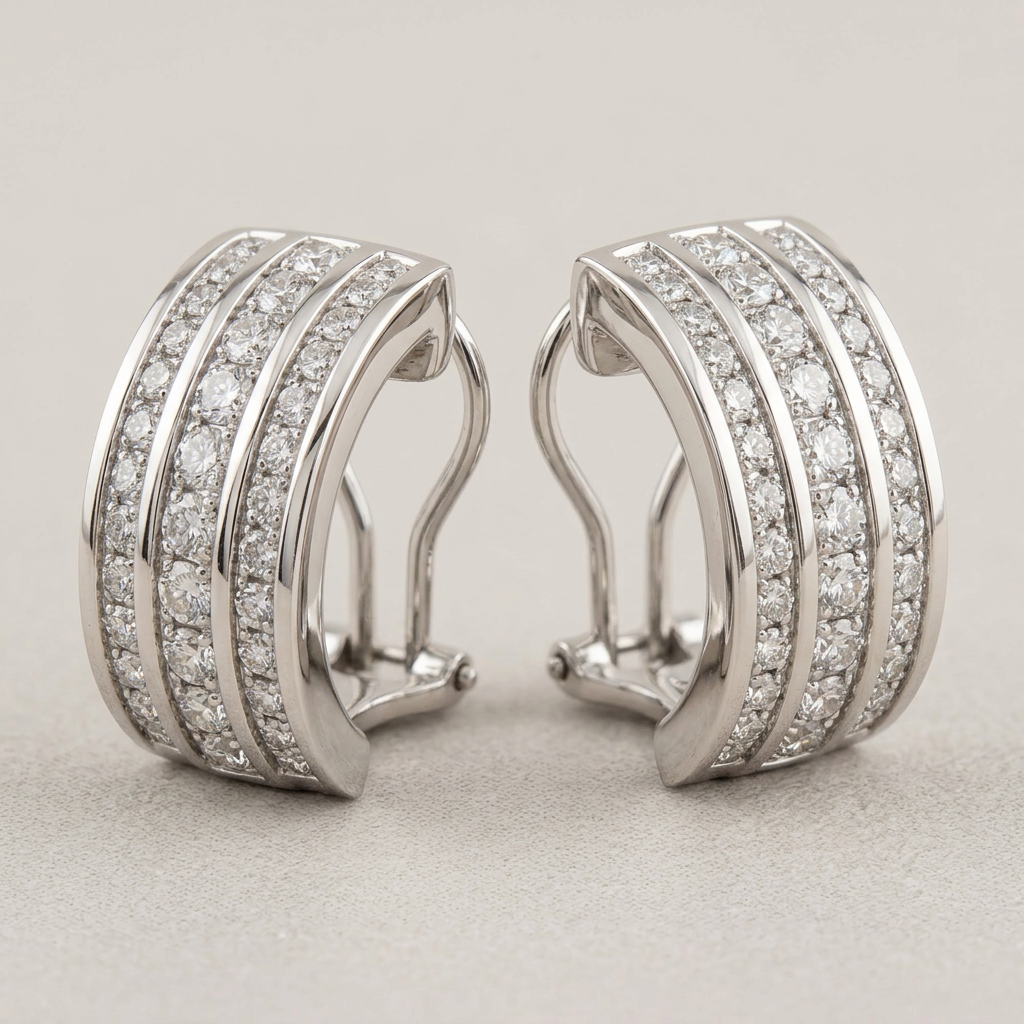 Close-up of three diamond rows and polished white gold borders on R2414 earrings
