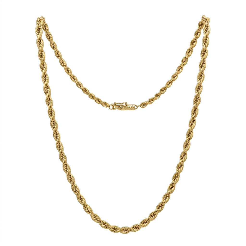 G338 14K yellow gold solid rope chain in a natural full-length drape