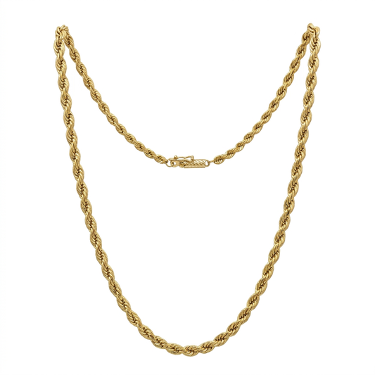 G338 14K yellow gold solid rope chain in a natural full-length drape