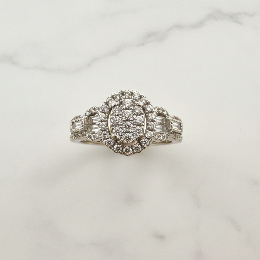 14K White Gold Oval Diamond Cluster Ring – studio top-down