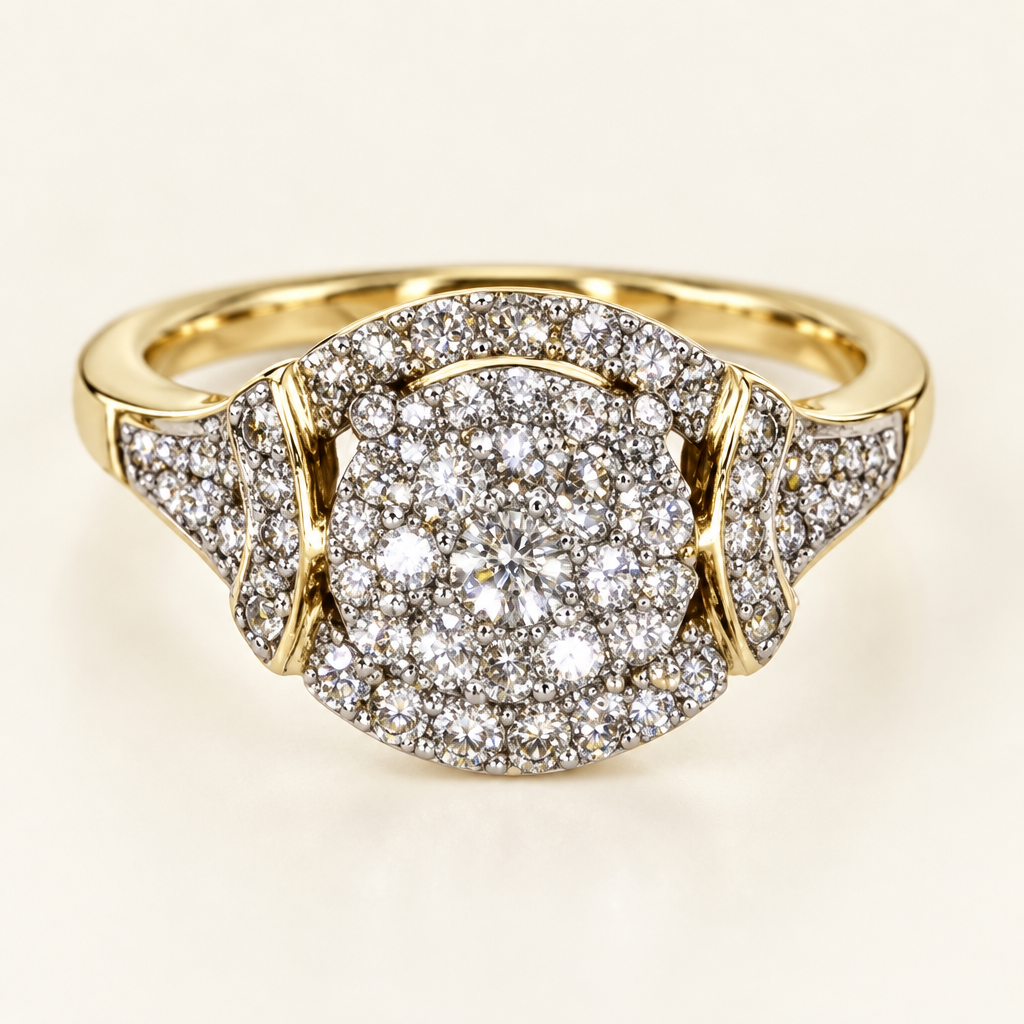 Front view of 14K yellow gold diamond cluster halo ring
