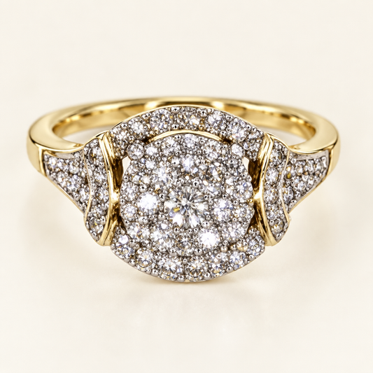 Front view of 14K yellow gold diamond cluster halo ring