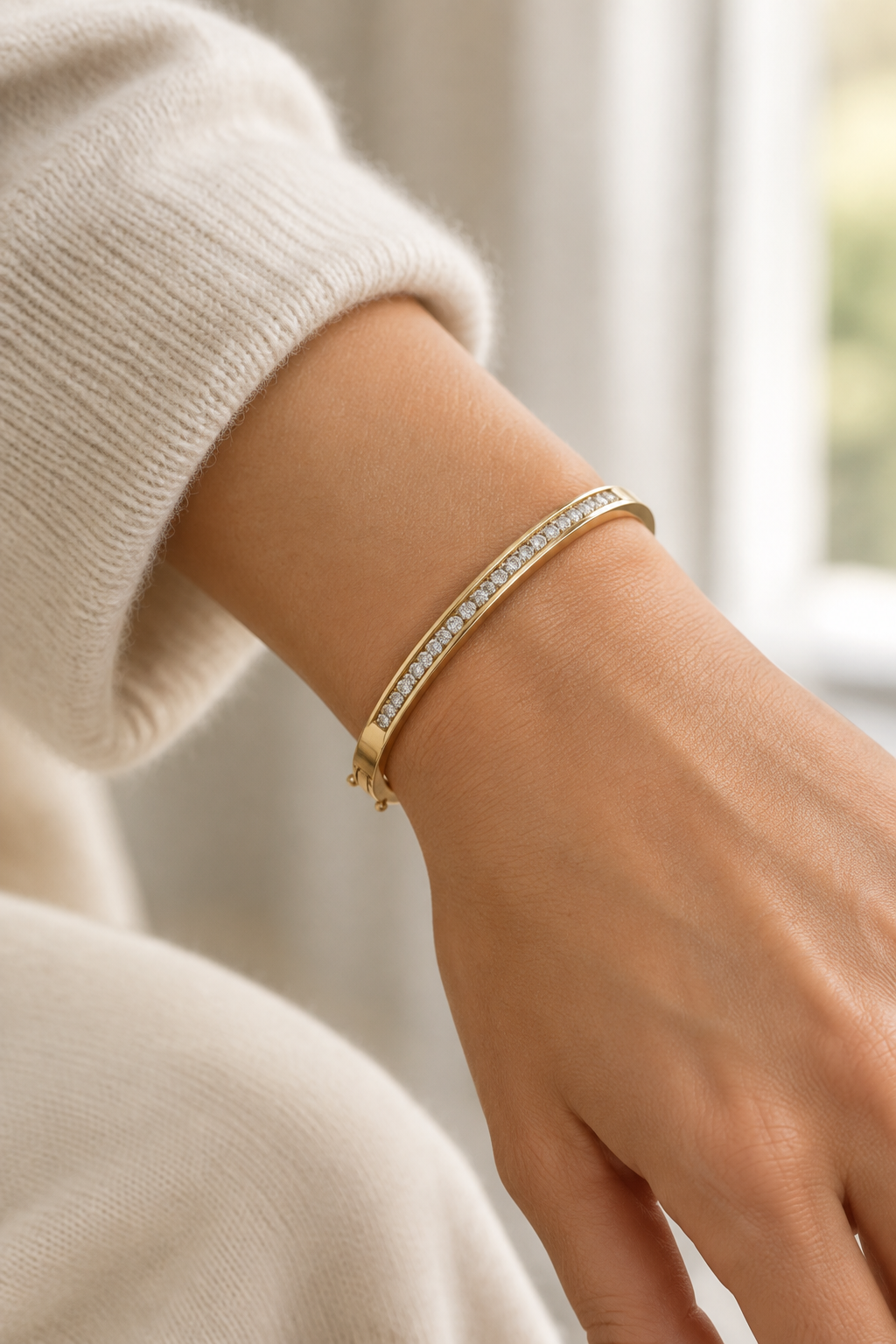 Model wearing the 14K gold diamond bangle bracelet