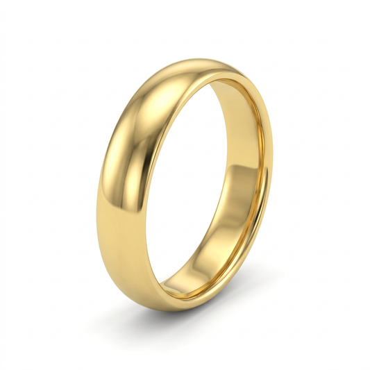 18K yellow gold 4mm half-round wedding band, three-quarter hero view