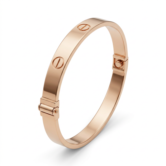 14K rose gold screw-motif bangle, three-quarter view