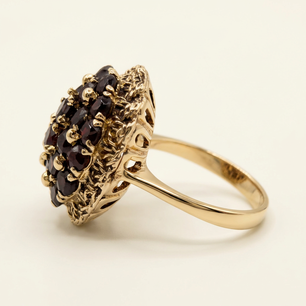 Side profile of G100 garnet ring showing openwork gallery and yellow gold band