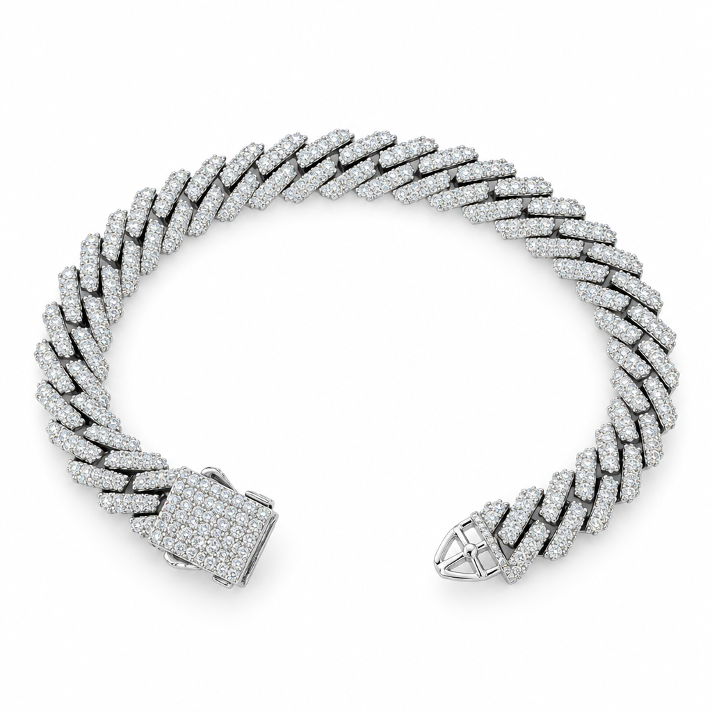 10K white gold diamond pavé link bracelet with rectangular clasp, arranged in an open oval on white.