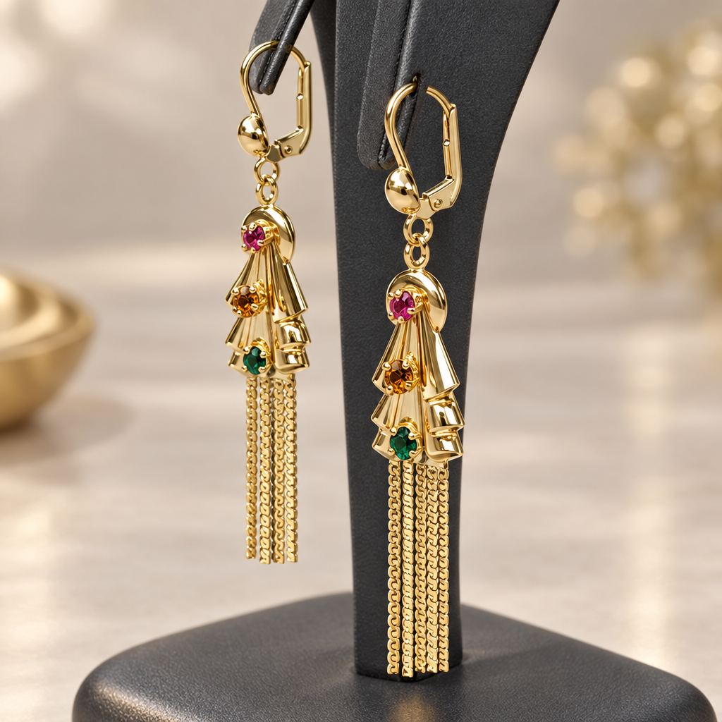 Angled view of gold chandelier earrings with colorful accents