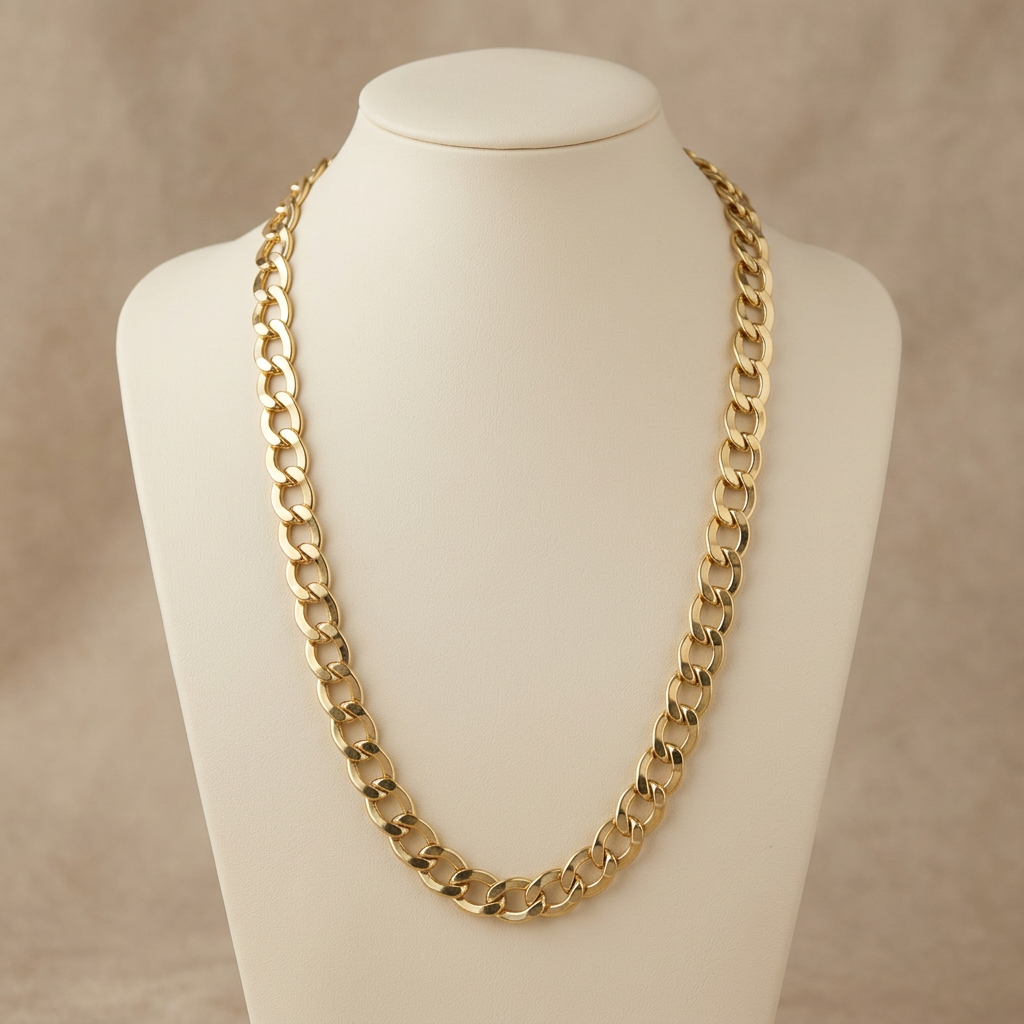G335 22-inch yellow gold curb chain on a cream jewelry bust