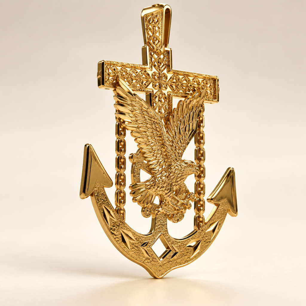 Solid 14K yellow gold eagle and anchor pendant shown at an angle
