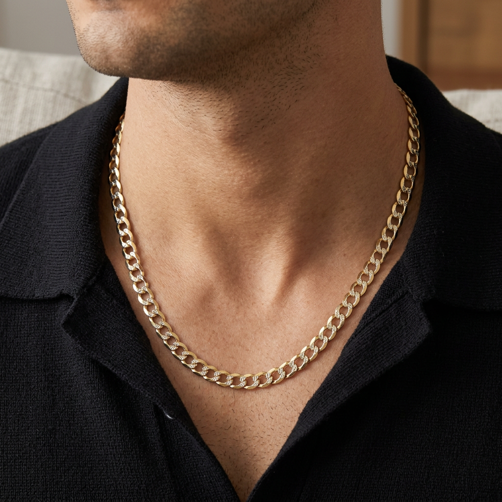 Yellow gold diamond-cut curb chain styled with a black open-collar polo