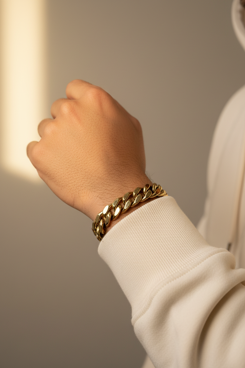 10K Yellow Gold Cuban Link Bracelet worn lifestyle wrist shot