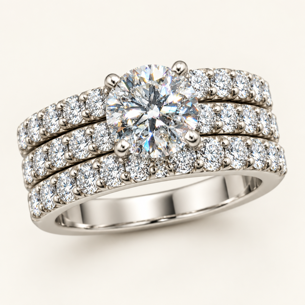 White-gold ring with a round center diamond and three pavé rows, shown at a three-quarter angle