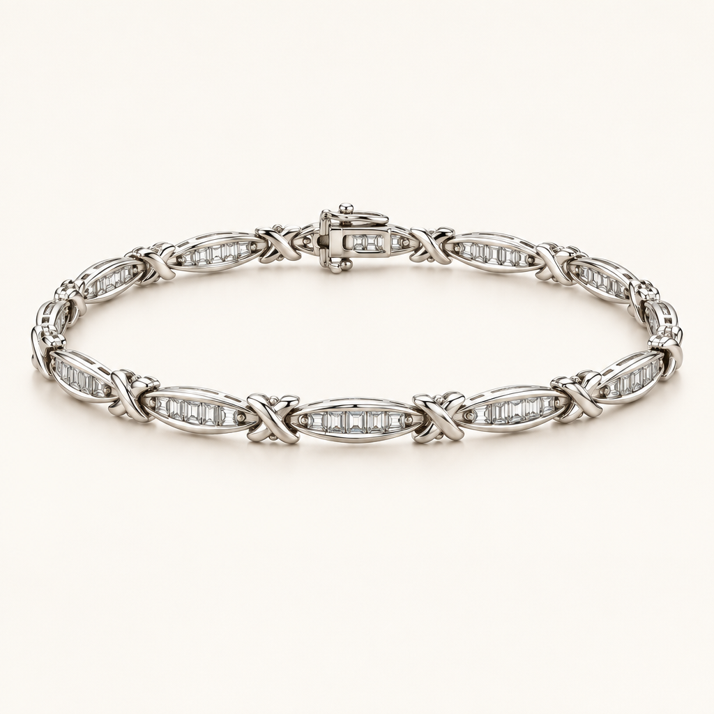 14K white gold baguette diamond X-link bracelet arranged on a warm white background