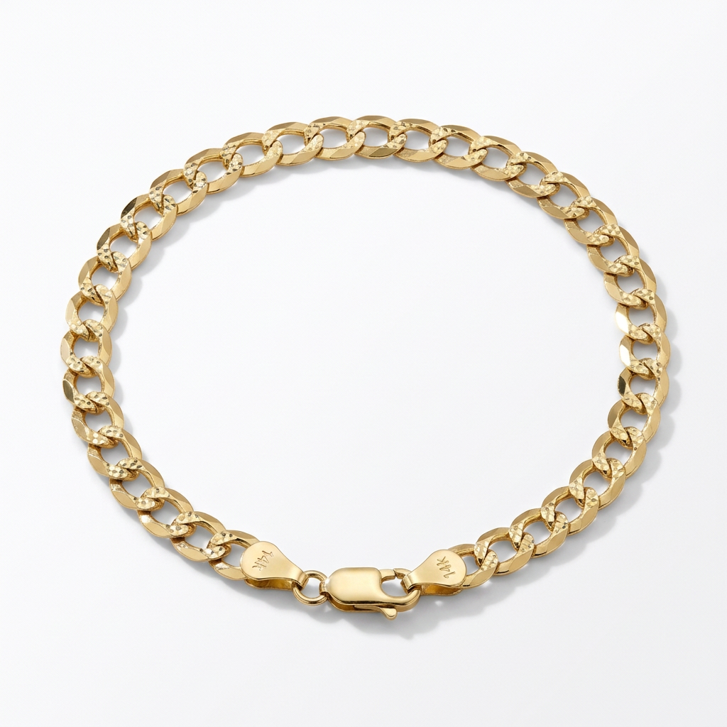 14K yellow gold diamond-cut curb link bracelet on a white background