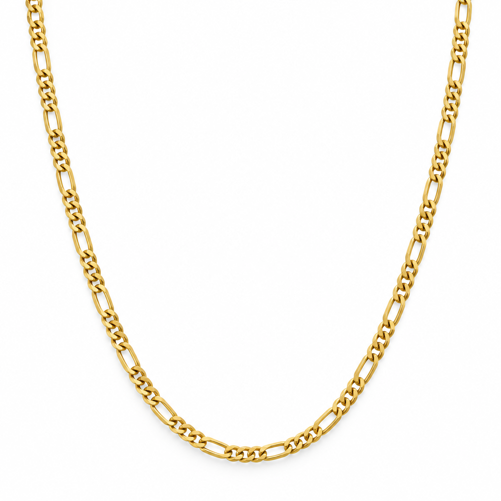10K yellow gold Figaro chain on white background