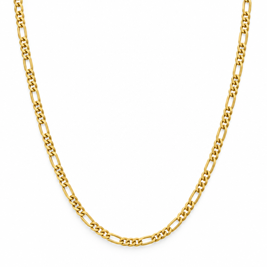 10K yellow gold Figaro chain on white background