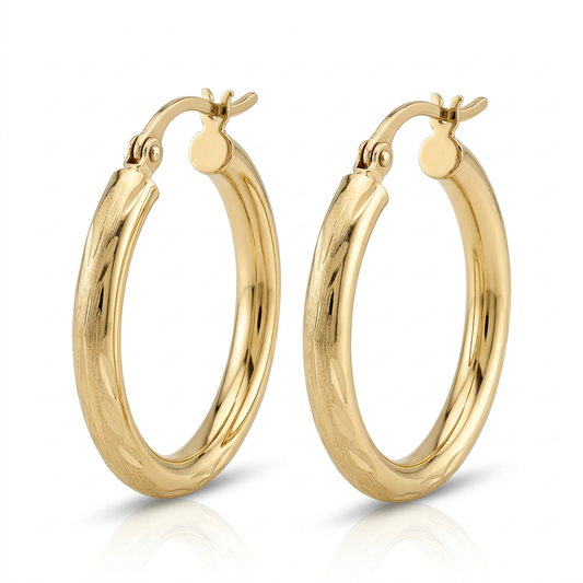 G280 10K yellow gold 25mm hoop earrings on white background