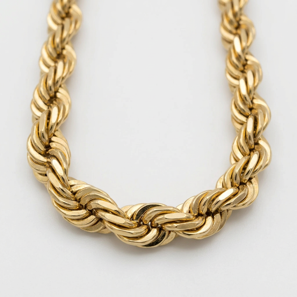 Close-up of polished 6.6mm yellow gold rope links
