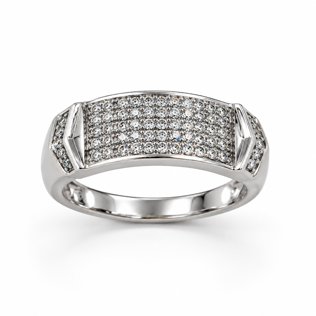 10K white gold diamond statement ring with curved rectangular face, size 7