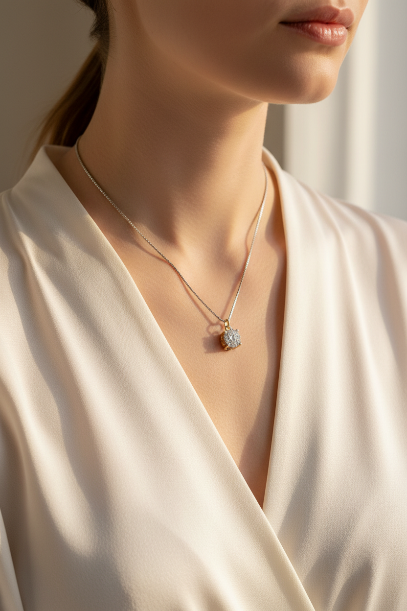 14K Yellow Gold Diamond Cluster Pendant - Lifestyle Shot