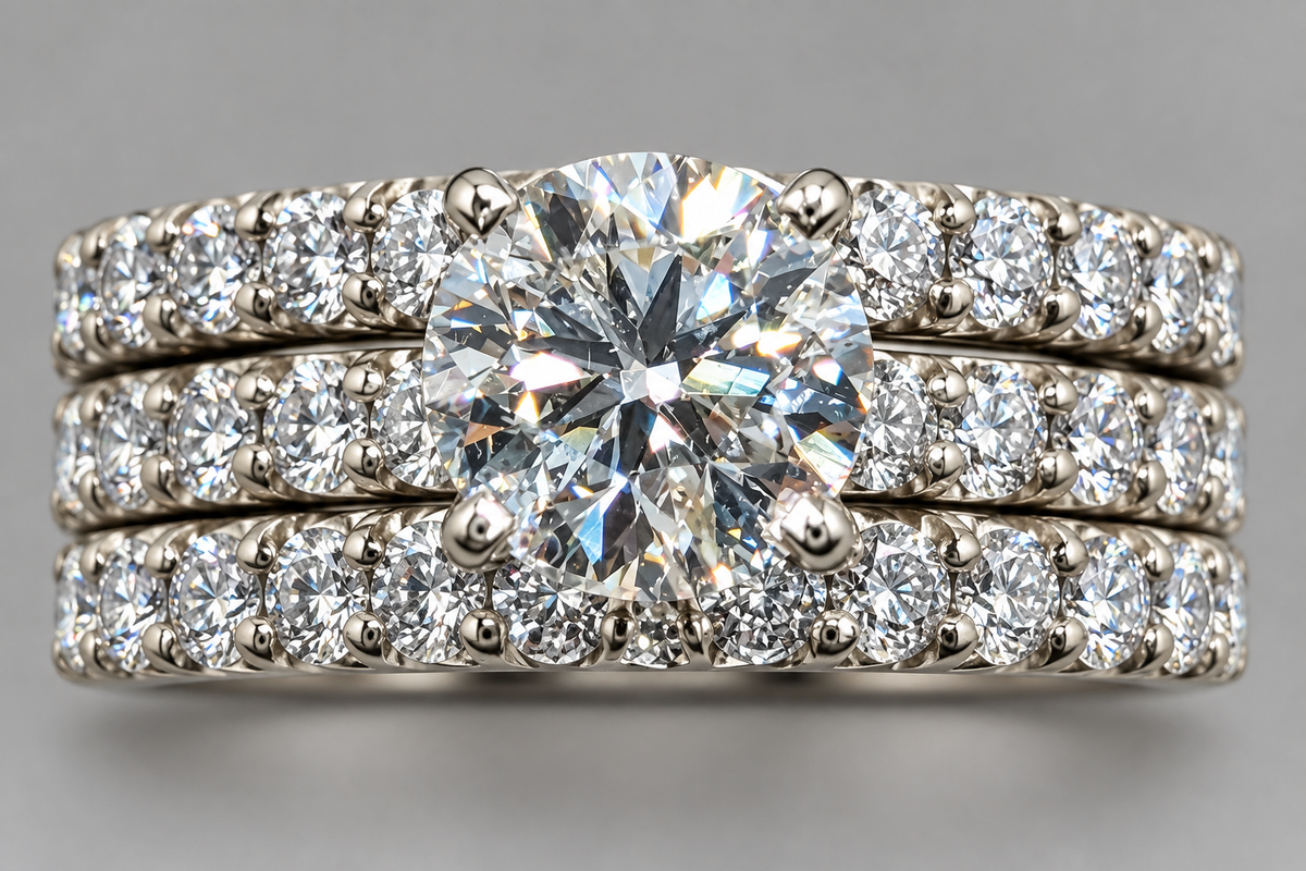Macro detail of the round center diamond and pavé bands in the white gold wedding ring set