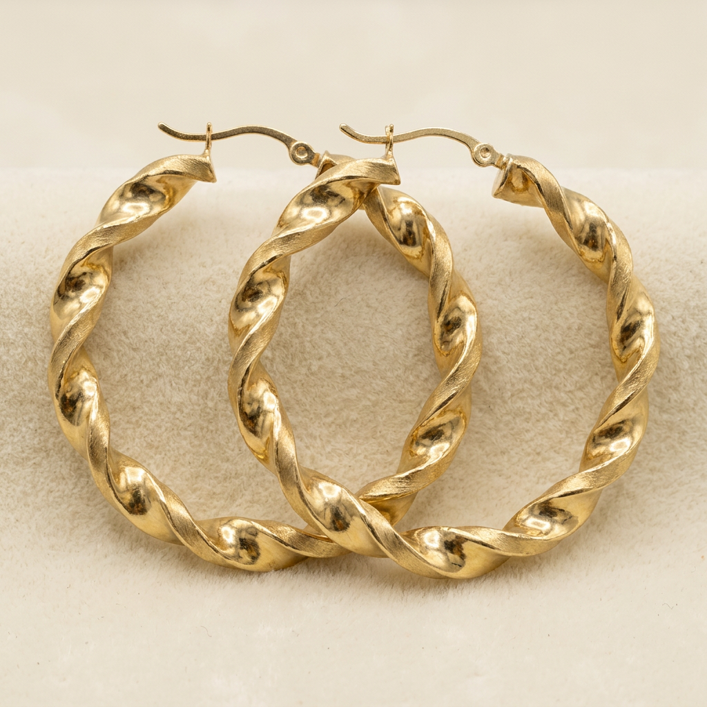 Alternate angle of G287 yellow gold twisted hoop earrings