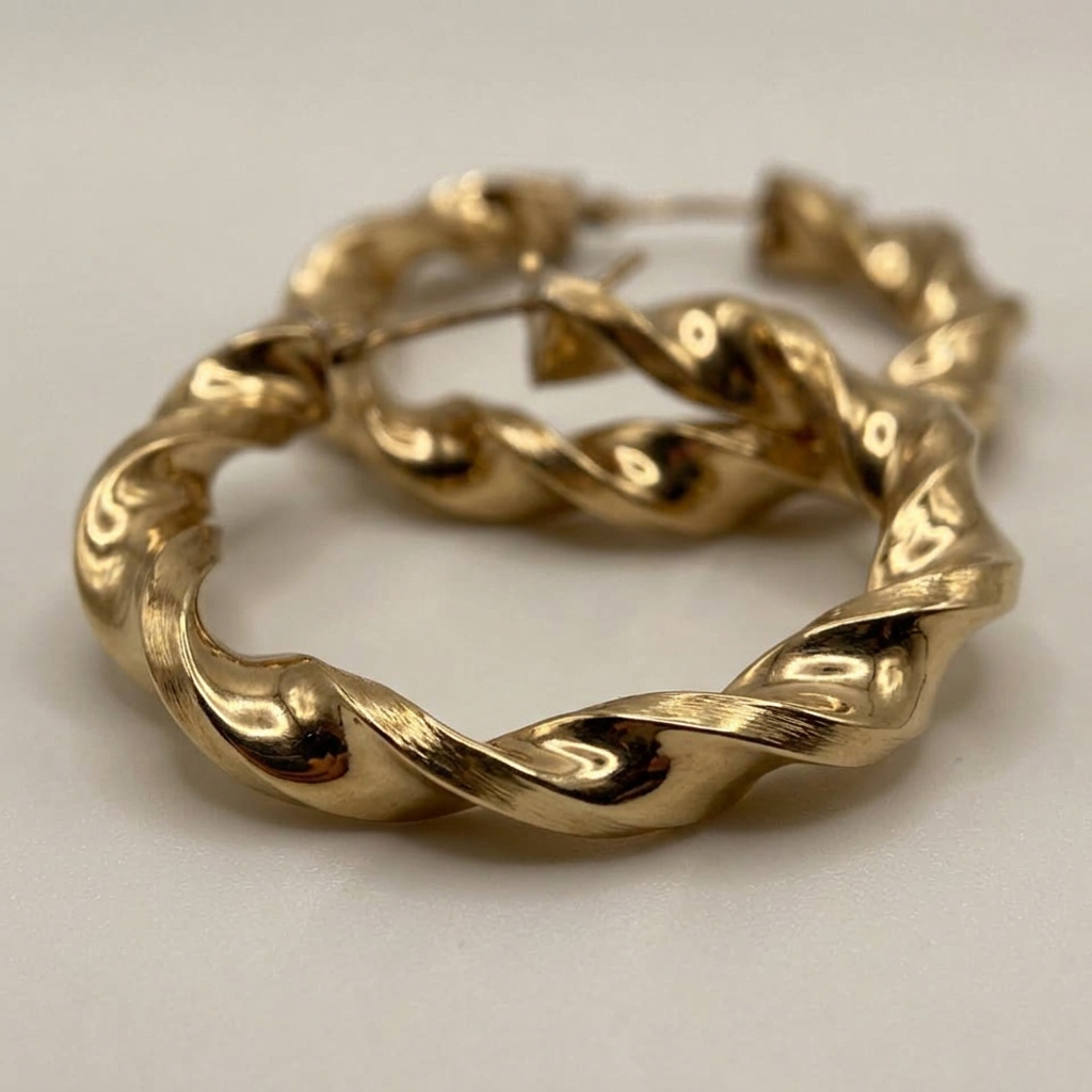 Close-up of polished twisted ribbon detail on G283 gold hoop earrings