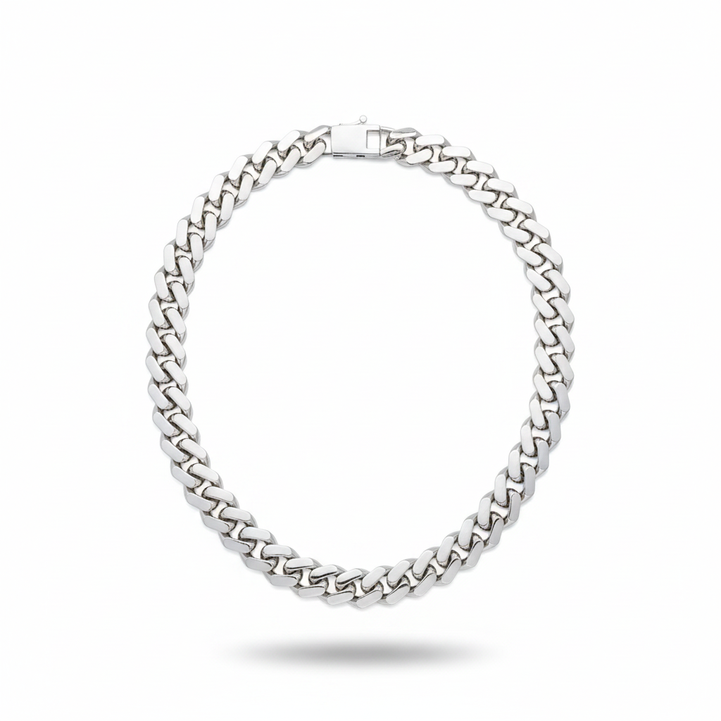 18K white gold Miami Cuban link chain arranged in a full oval on a white background