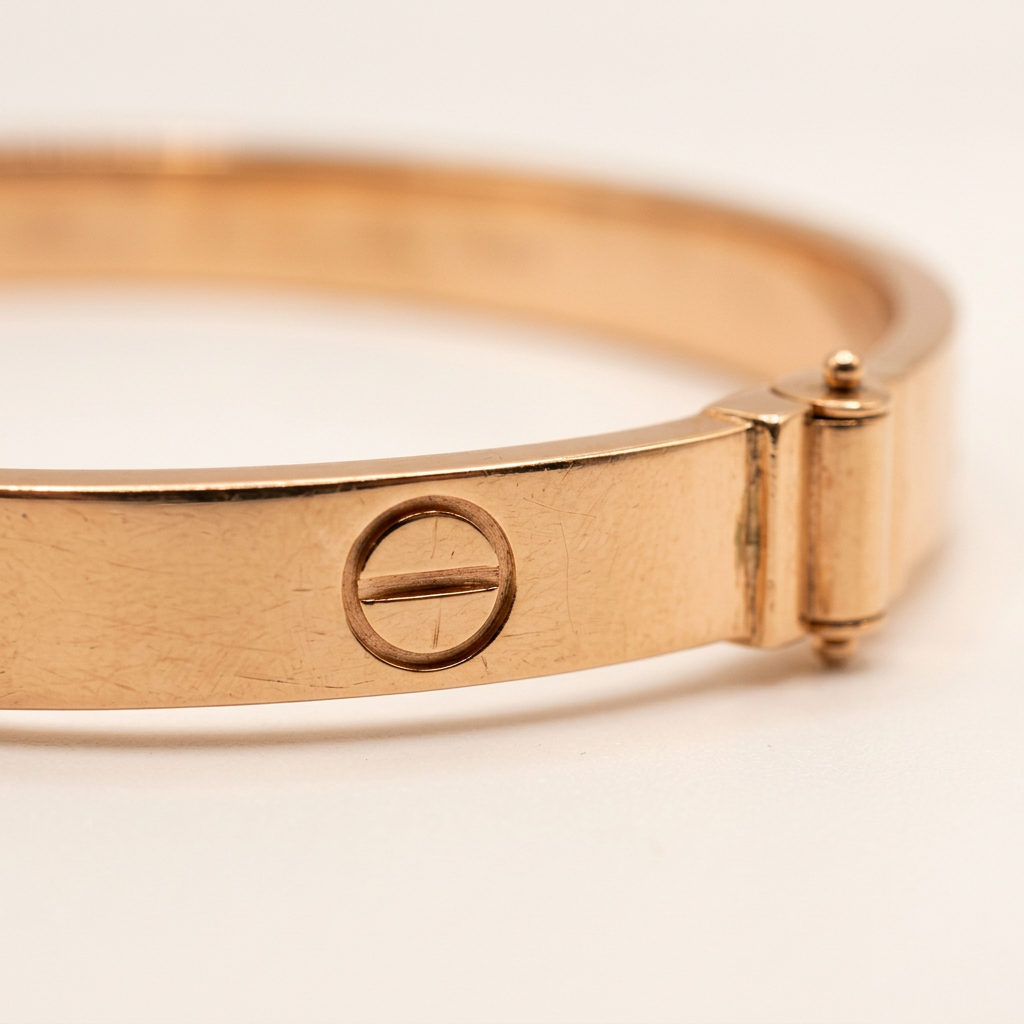 Close-up of circular screw motif on R207 14K rose gold bangle