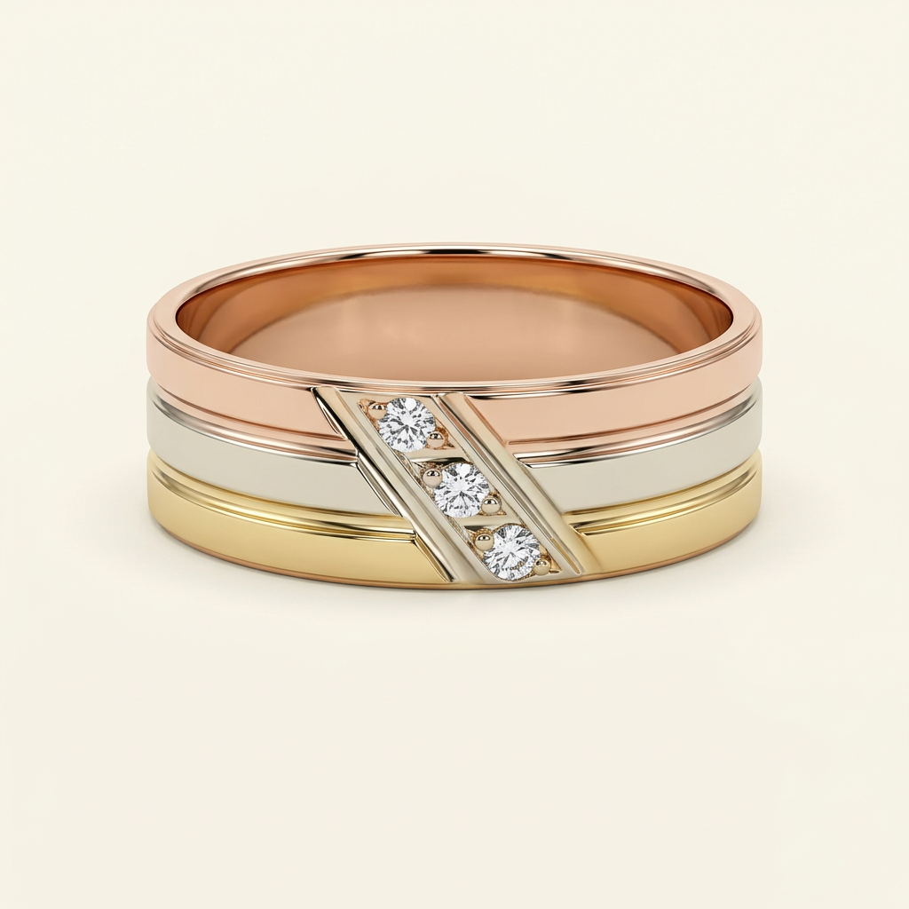 Front detail of G146 tricolor gold band with diagonal cubic zirconia accent