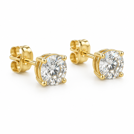 Pair of 14K yellow gold 1.05 TCW round diamond stud earrings on a white background