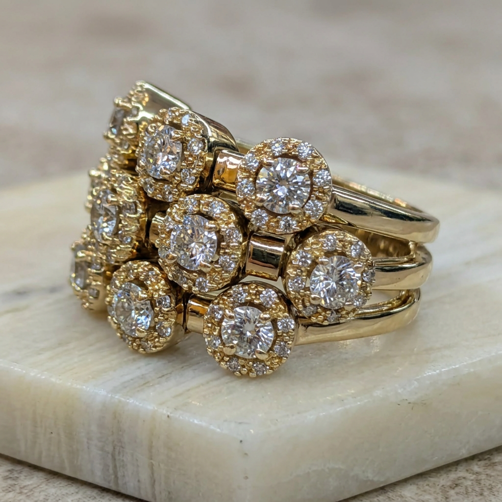 Three-quarter view of diamond halo settings and three yellow gold band rails