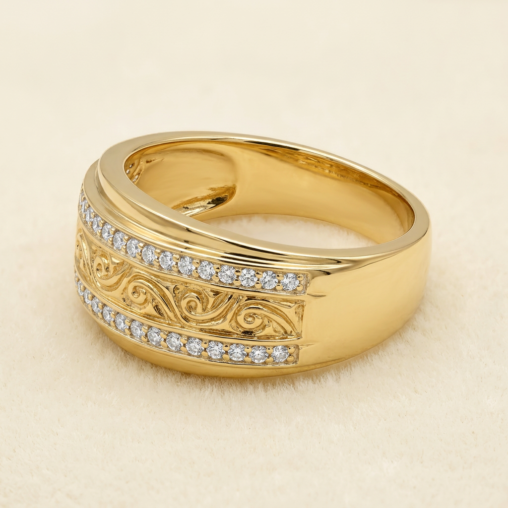 Side view of yellow gold CZ ring showing polished shoulders and inner band