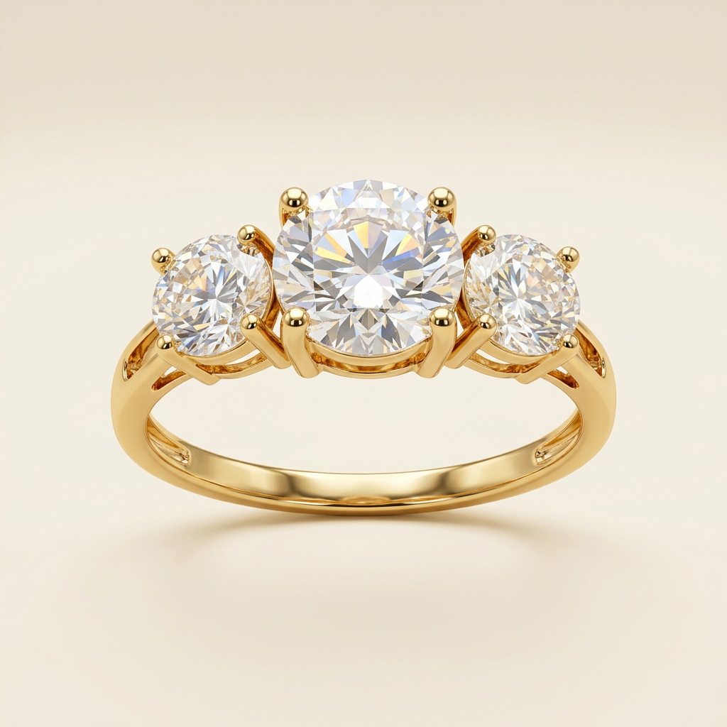Front view of yellow gold ring with larger center round CZ and two smaller side stones
