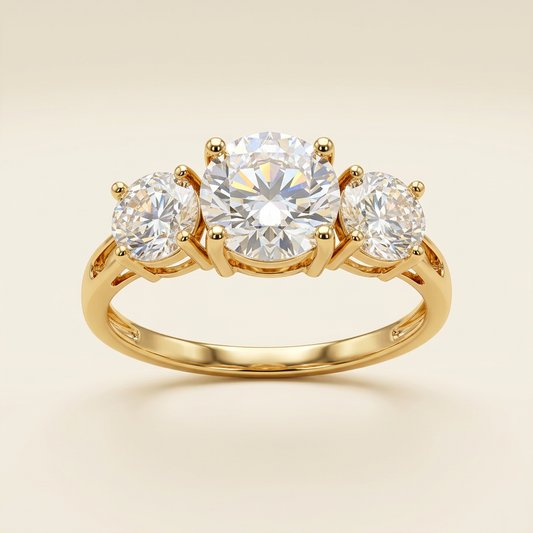 Front view of yellow gold ring with larger center round CZ and two smaller side stones
