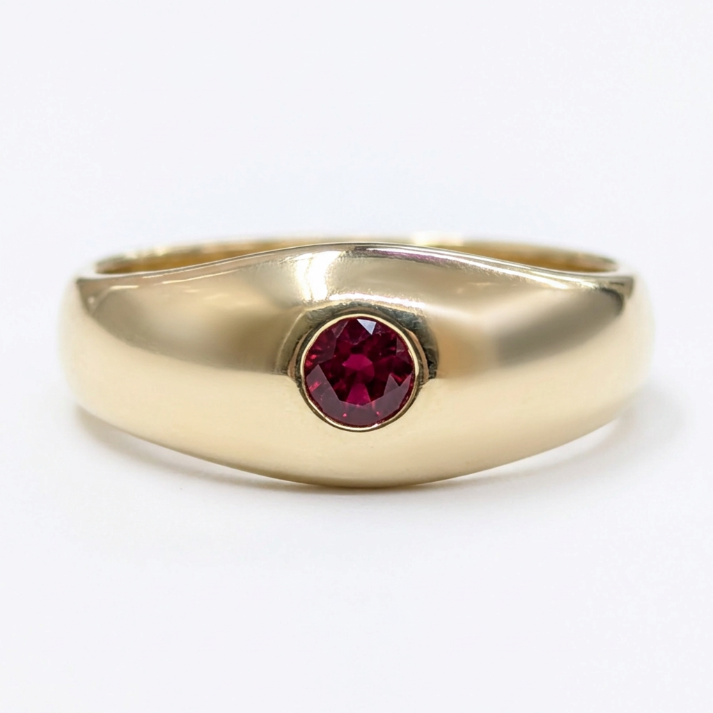 Front detail of round ruby in domed yellow gold ring