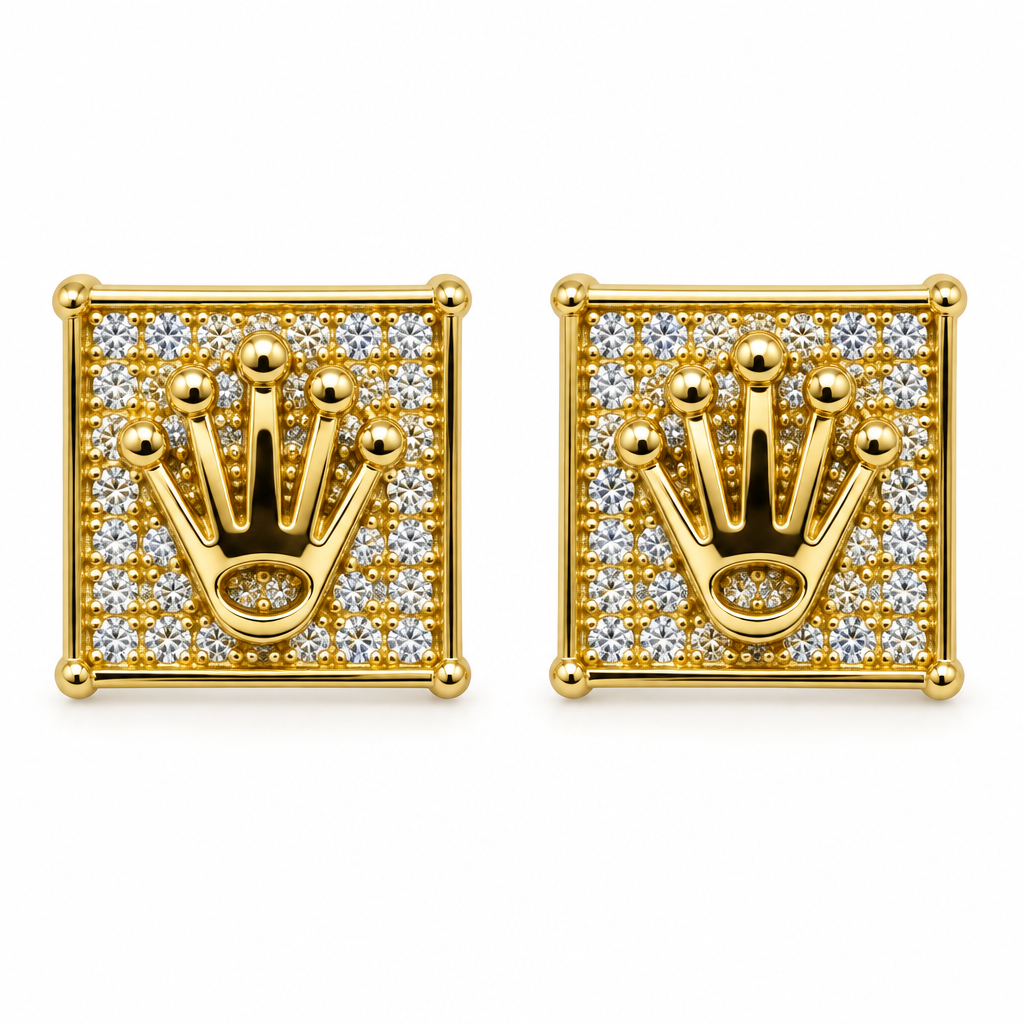 Pair of 10K yellow gold diamond crown square stud earrings on a white background