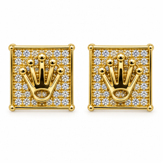 Pair of 10K yellow gold diamond crown square stud earrings on a white background