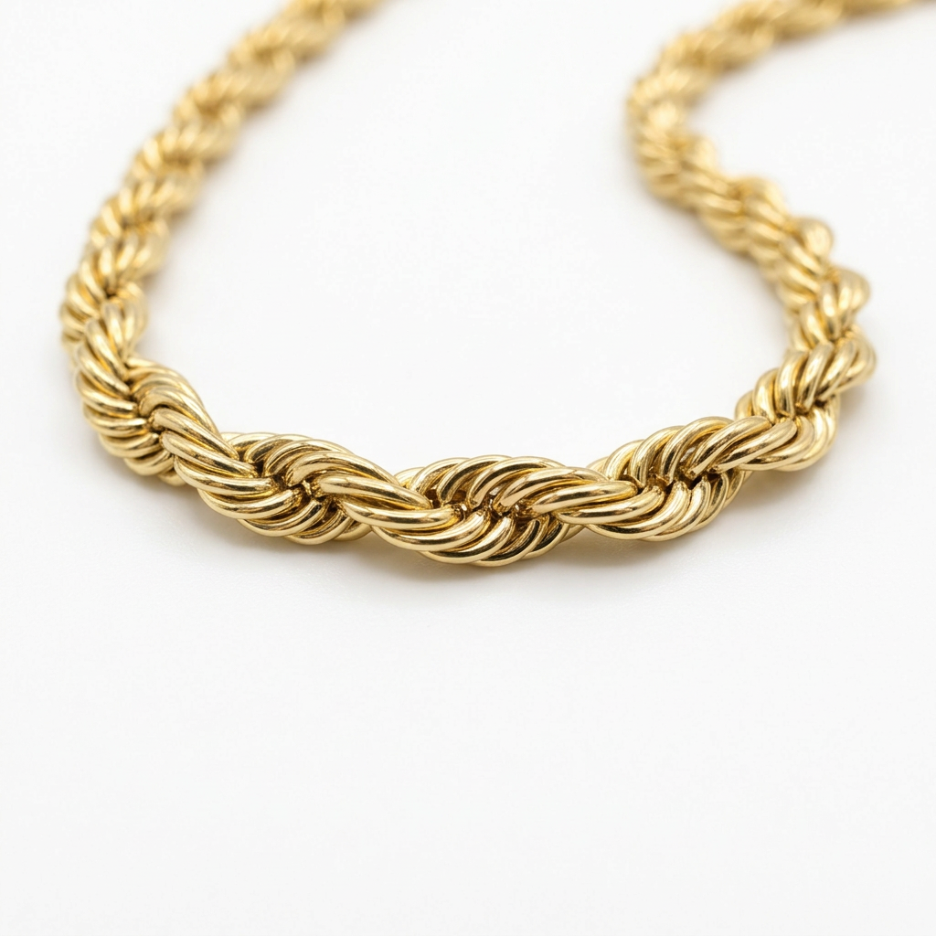 Close-up of G338 3mm yellow gold rope chain links