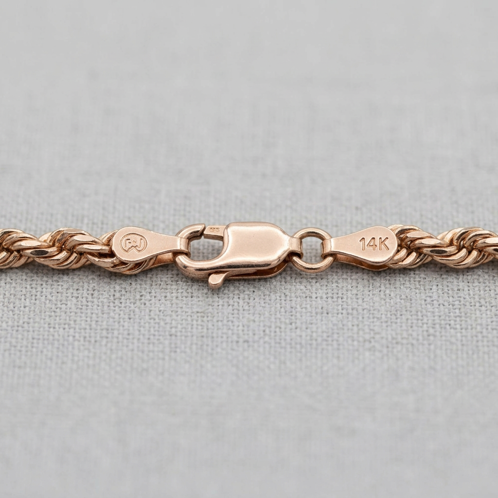 Lobster clasp and end tabs on the G309 rose gold rope necklace